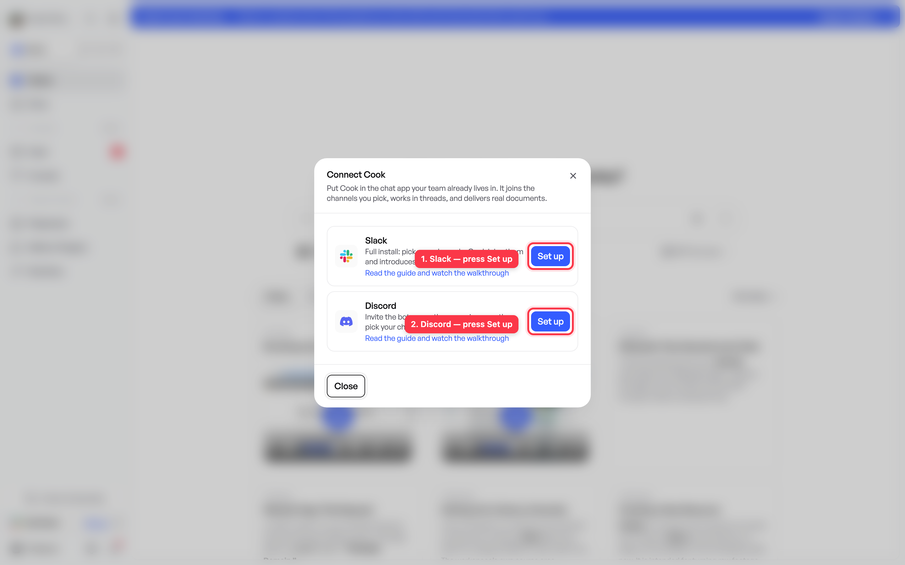 The Connect Cook window. Slack and Discord each have their own Set up button.