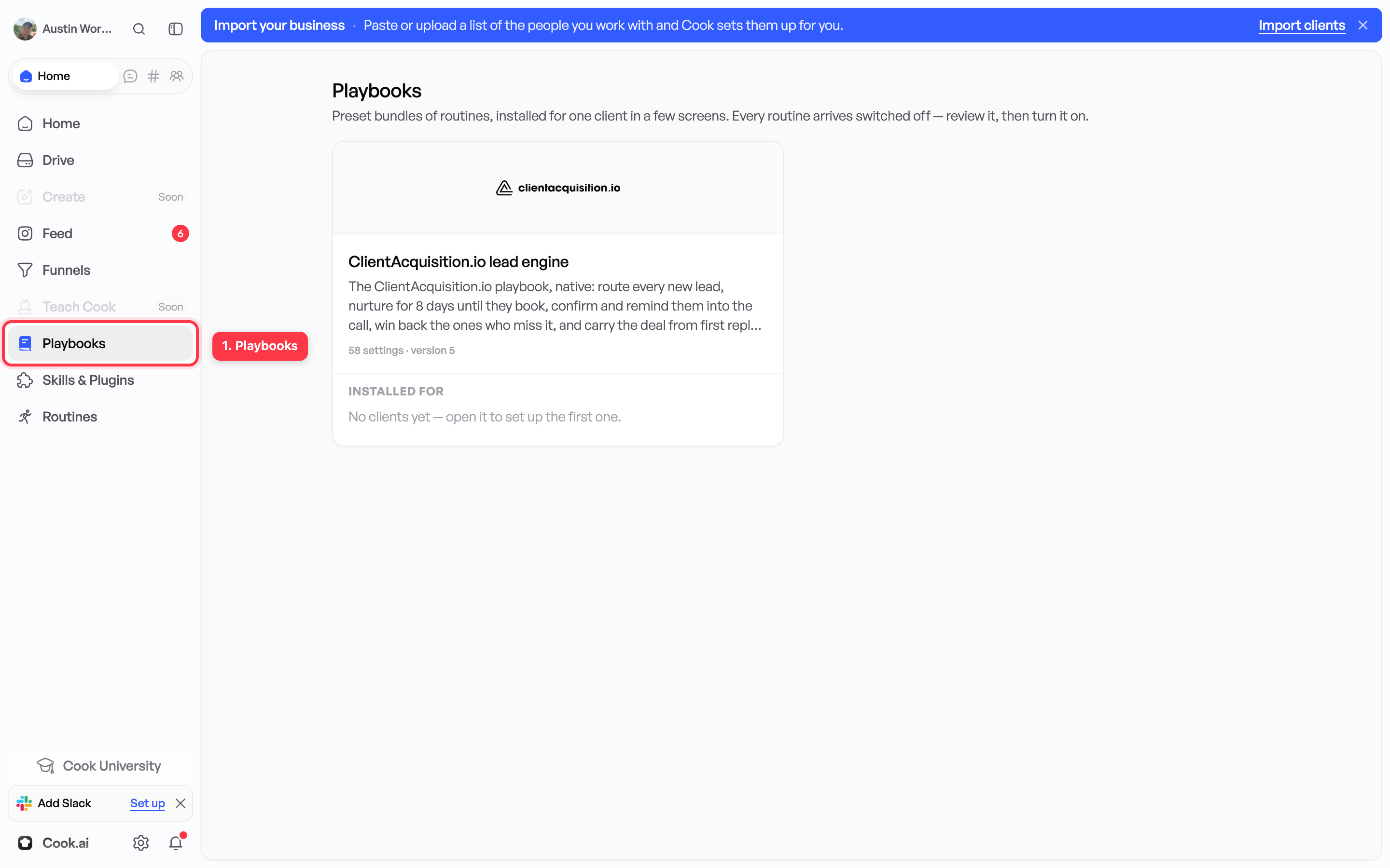 Playbooks is in the sidebar, between Funnels and Skills & Plugins.