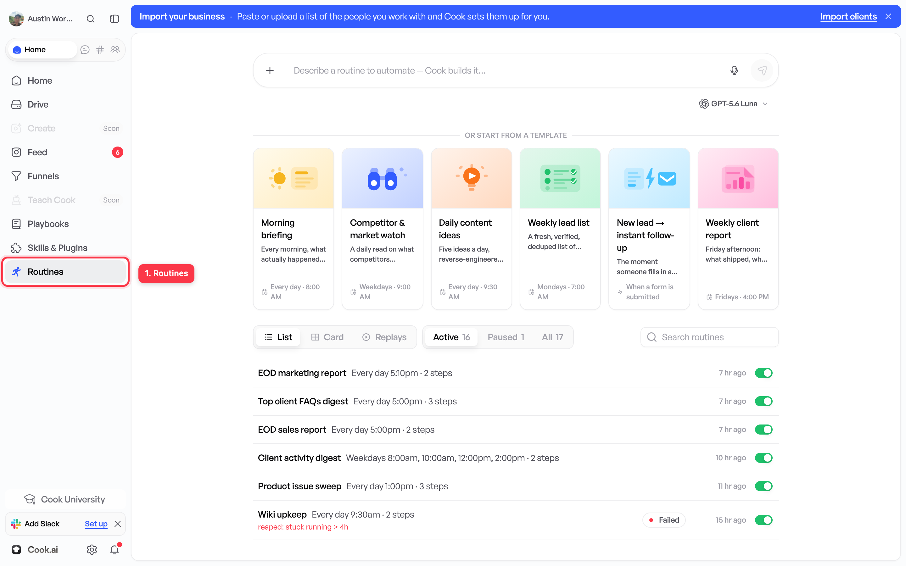 Routines is in the sidebar, under Home.