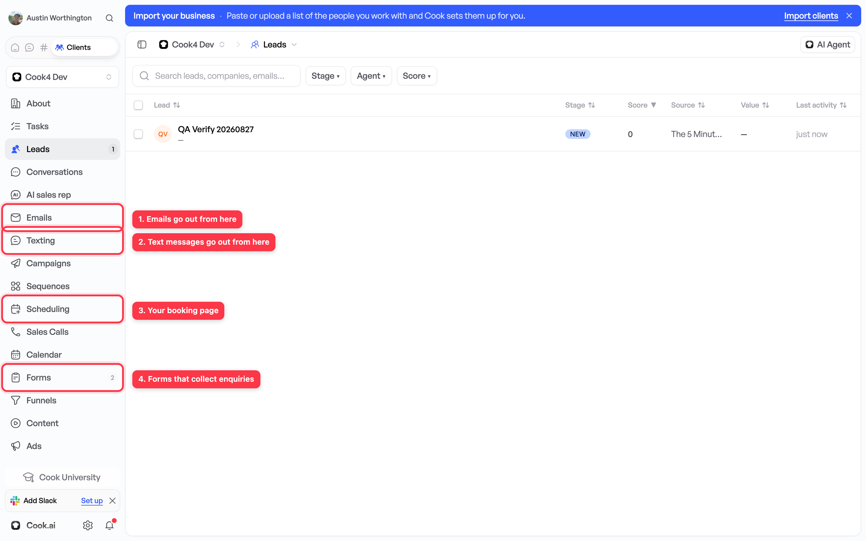 The four things a playbook usually asks you to have ready: where texts go out from, where emails go out from, the form that collects enquiries, and your booking page.