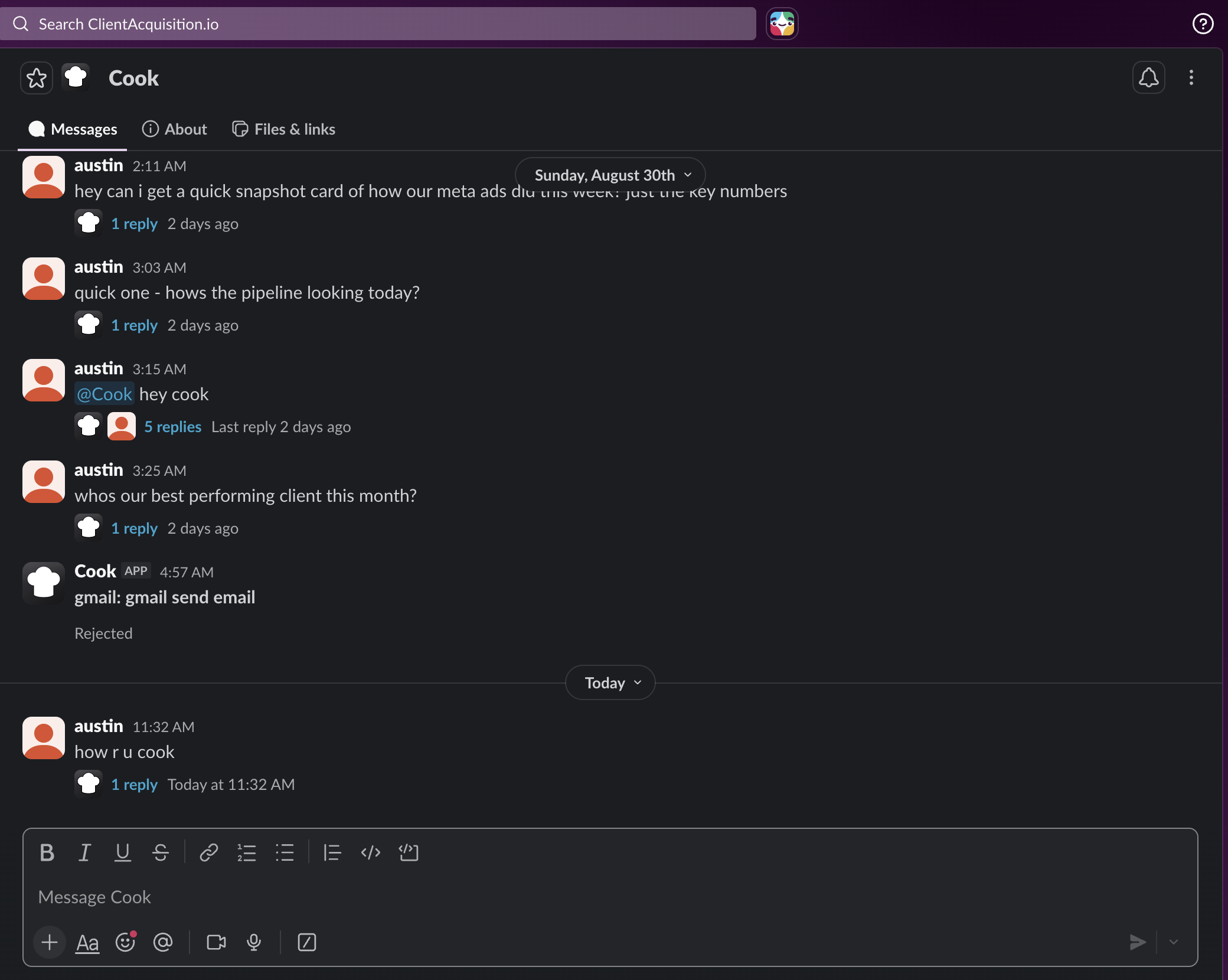 Cook in Slack once it is installed: it has its own conversation, it answers questions there, and @Cook works in any channel it has joined.