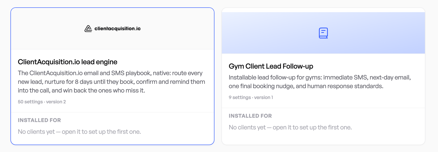The Playbooks page showing two playbooks and the clients using them.